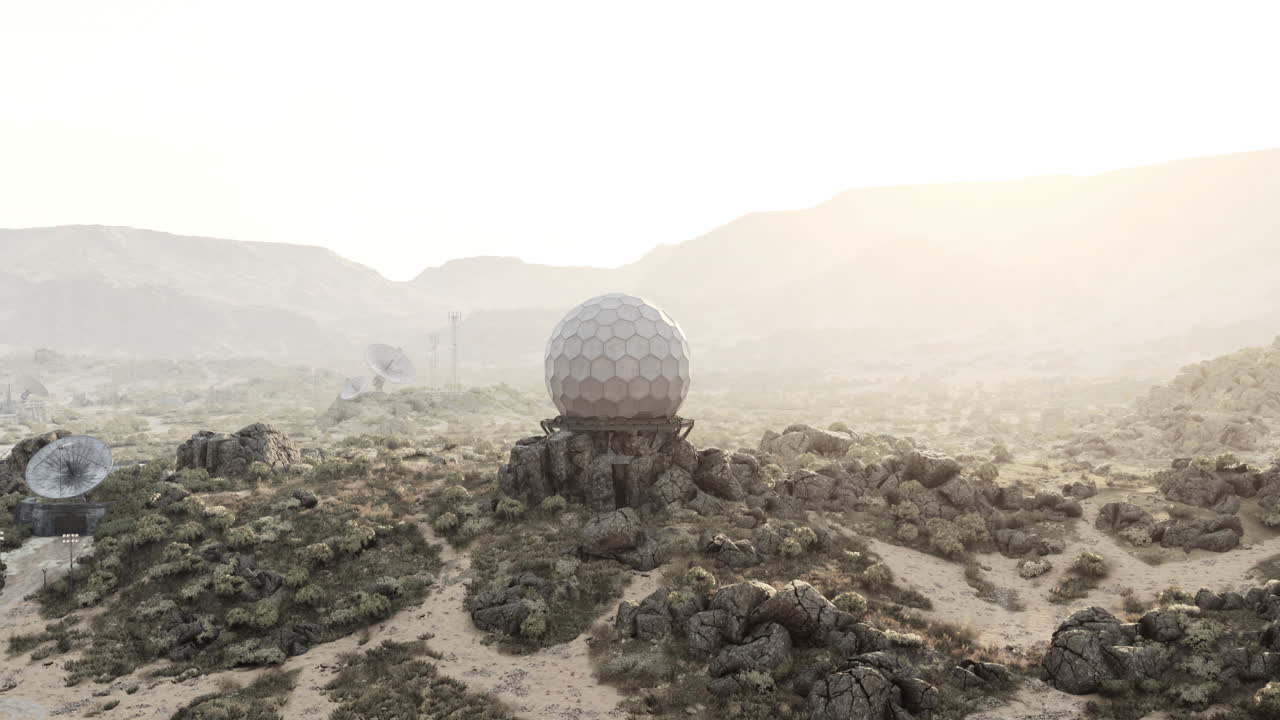 futurista puesto avanzado en el desierto con cúpulas de radar y antenas parabólicas