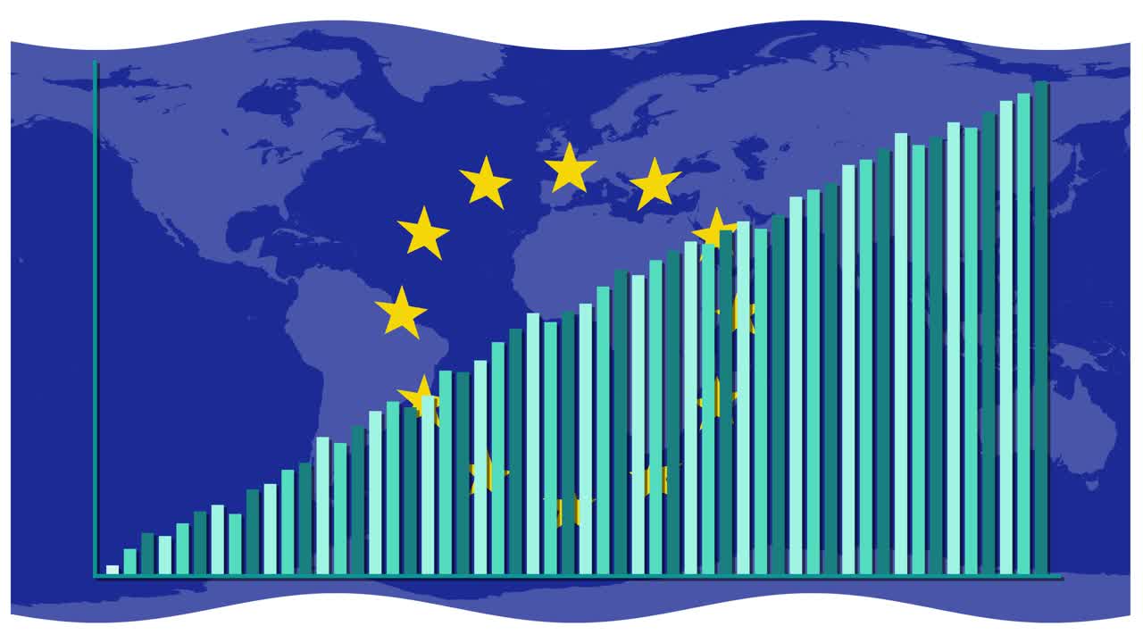 Animated bar graph grows over waving European Union flag with world map, smooth upward movement