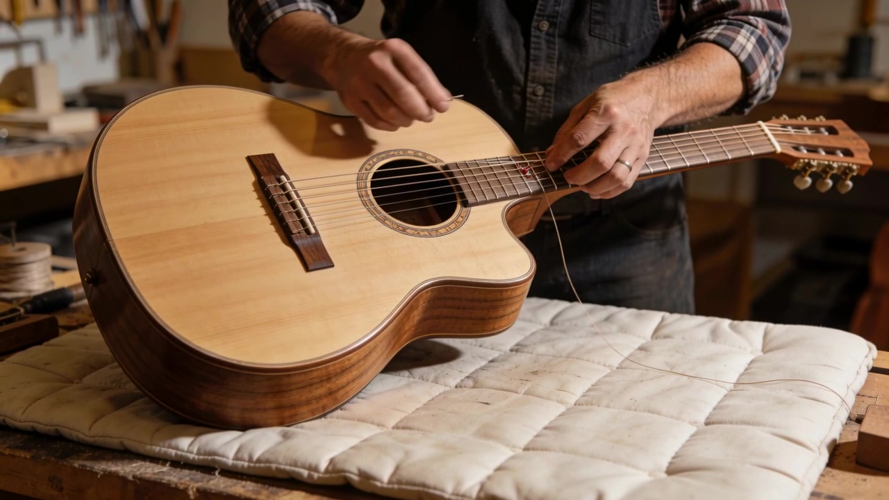 Luthier levantando corda solta, passando e enrolando na guitarra sobre a bancada, fixando no afinador, de avental.