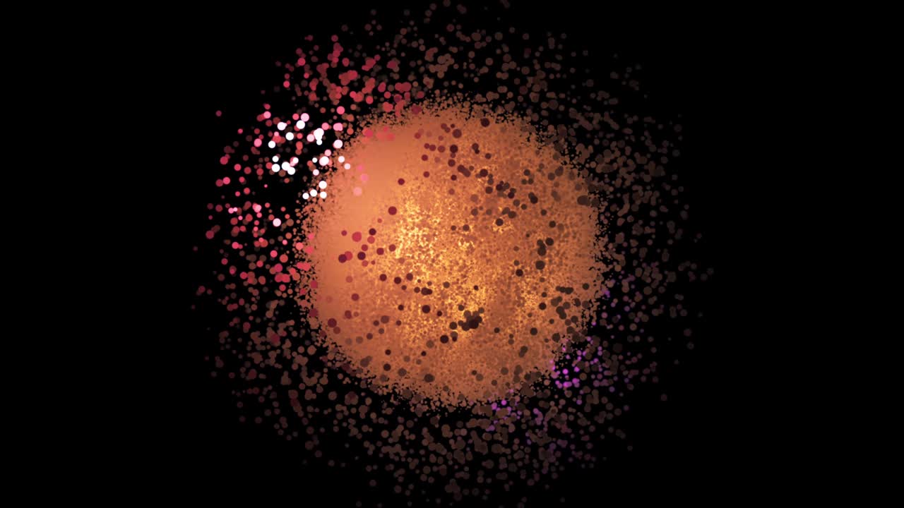 esfera brillante abstracta de pequeñas partículas brillantes rodeadas por círculos que se mueven al azar en fondo negro. animación. muchas pequeñas partículas naranjas abstractas en forma de esfera en el espacio