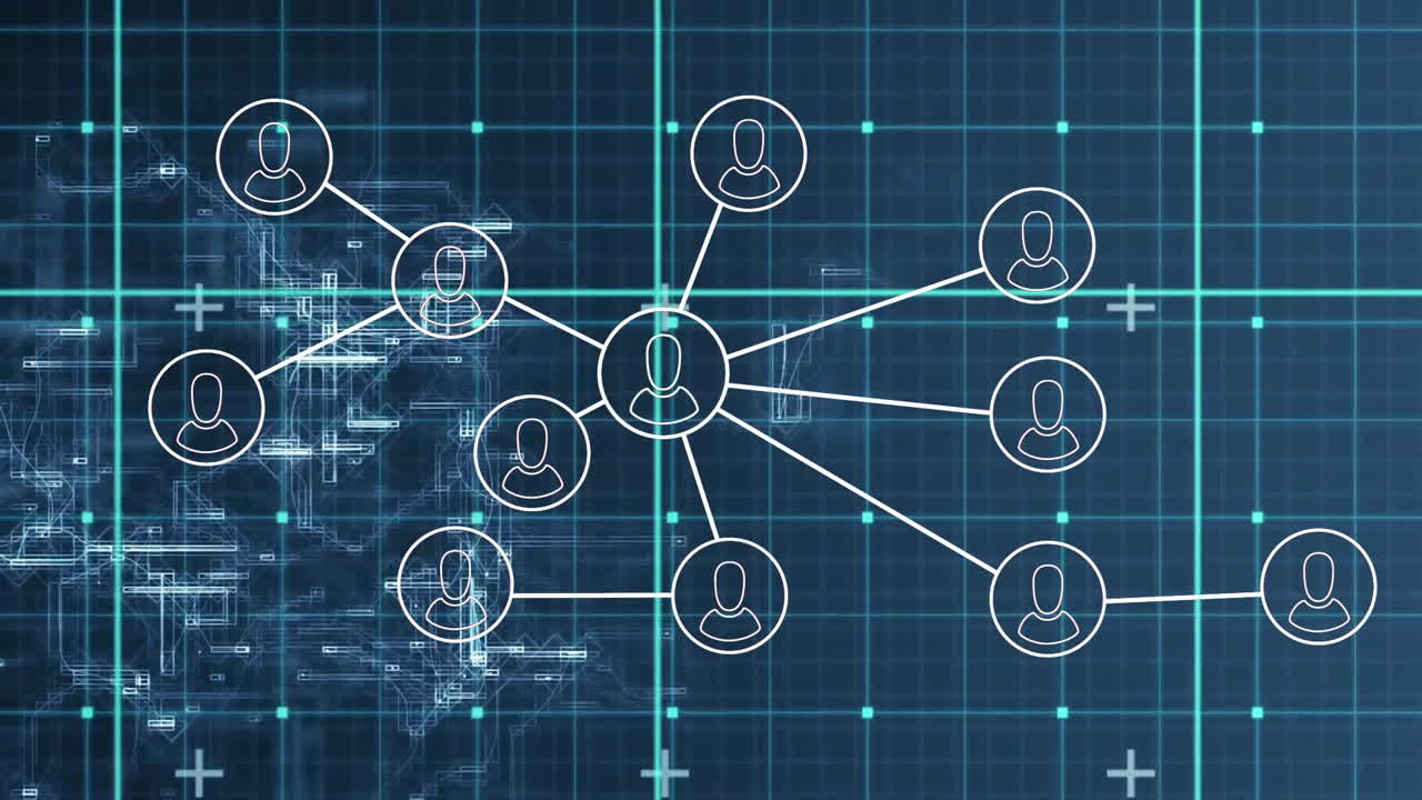 Animation of network of connections with people icons and data processing over grid
