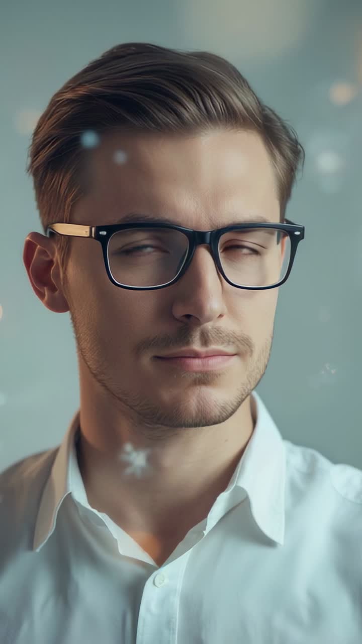 Video verticale: uomo che si sposta girando la testa e alzando lo sguardo in uno studio con occhiali, camicia bianca e bokeh