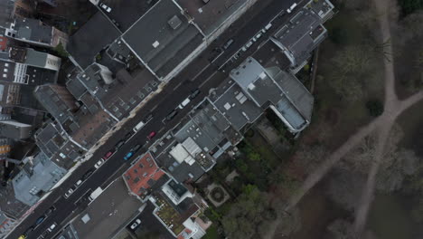 Top-down-panning-footage-of-buildings-and-streets-in-residential-urban-neighbourhood.-Cologne,-Germany