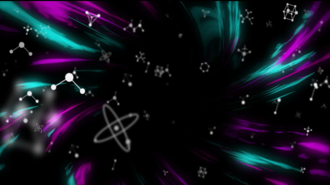 animación de moléculas sobre rastros de luz sobre un fondo negro