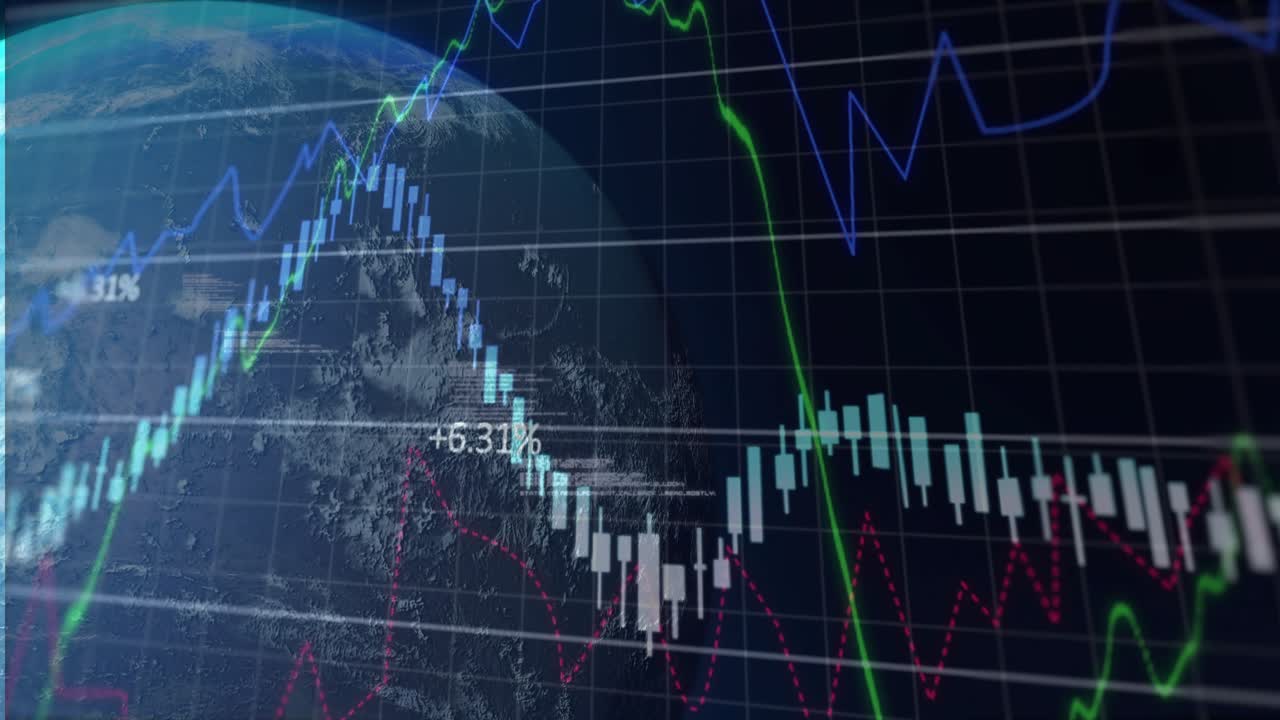 Globo che entra in una griglia, candele che svaniscono, linee ascendenti che oscillano, visualizzando dati di mercato.