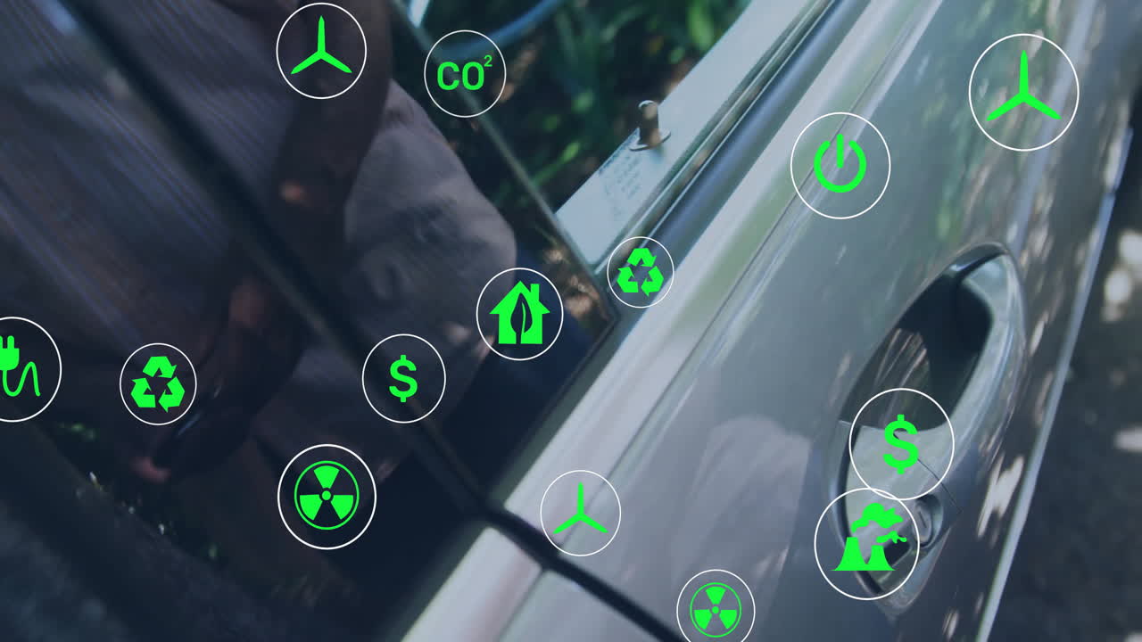 지속 가능성 및 환경 친화적 인 아이콘 애니메이션 자동차 문을 열는 사람