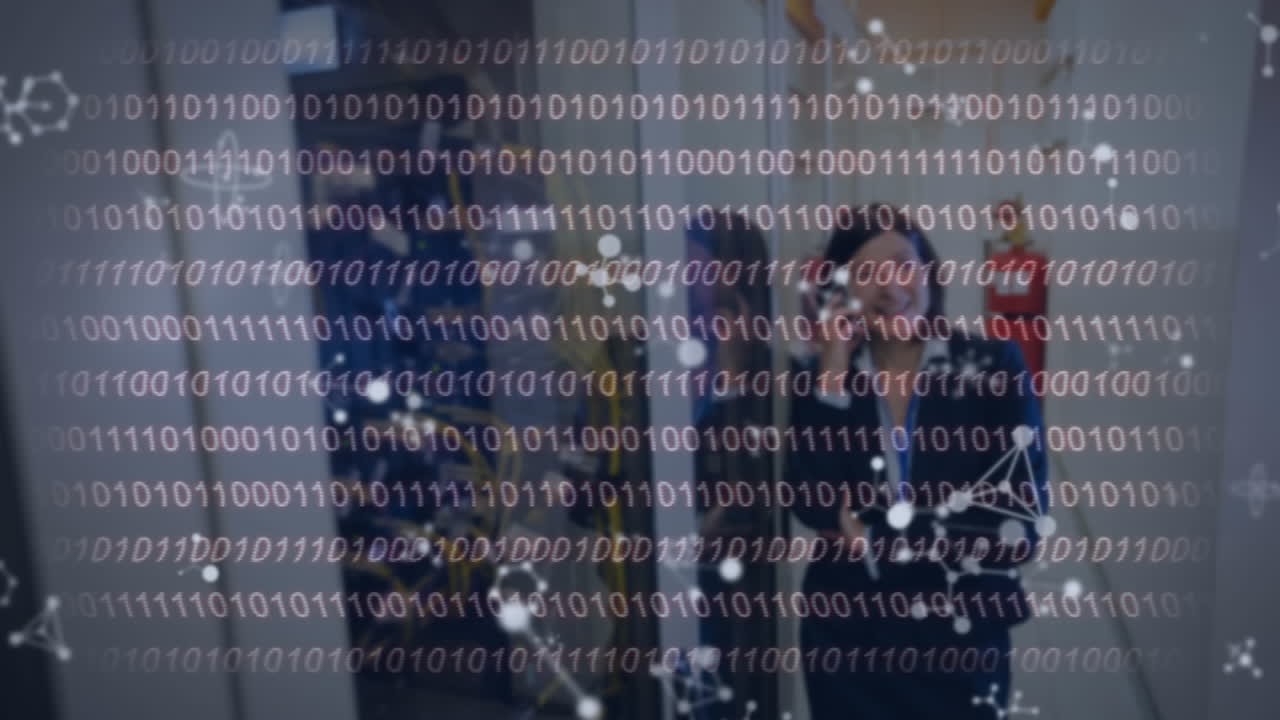 Animation of molecules and binary coding over caucasian woman in server room