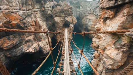 a suspension bridge over a body of water in a canyon