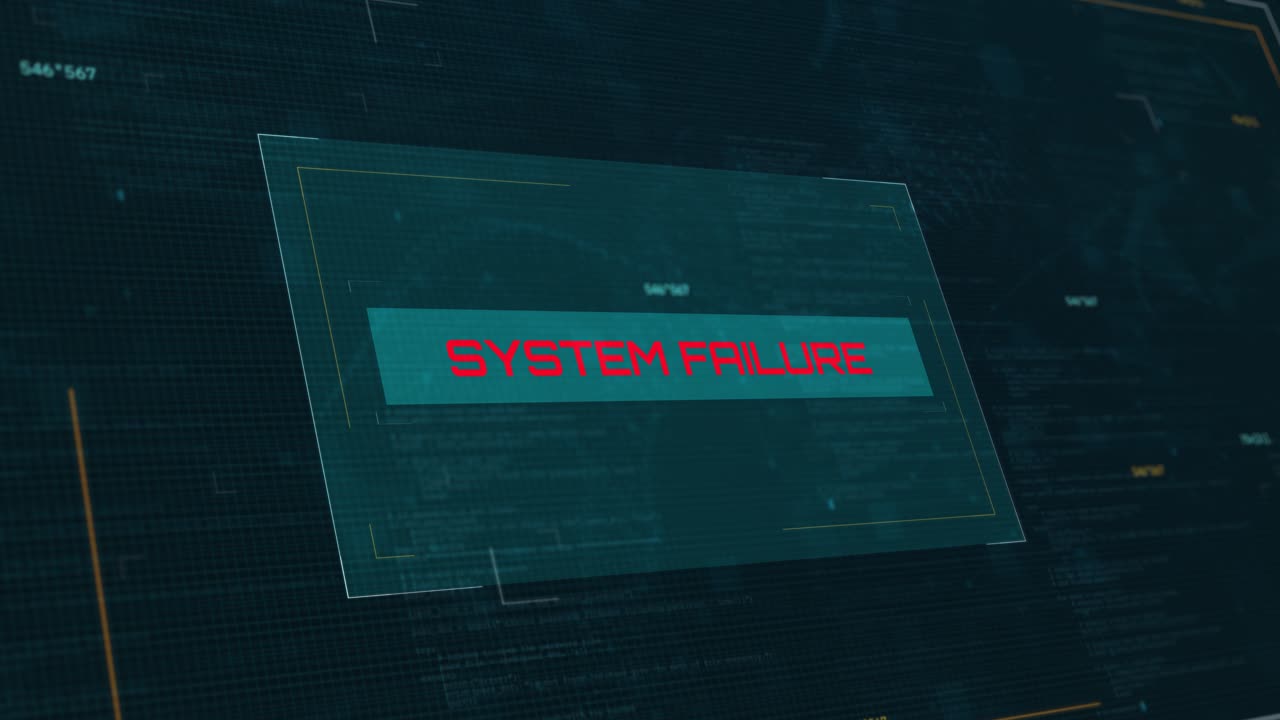 Advarsel om systemfejl: Futurisk indlæsningsskærms-animation for cybersikkerhed med computerkode-baggrund.