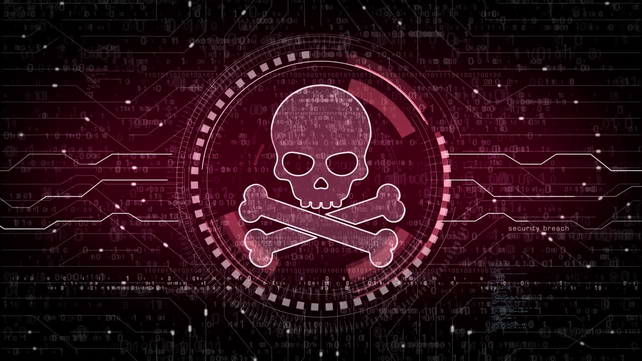Skull pirate and online cyberattack symbol loop digital concept