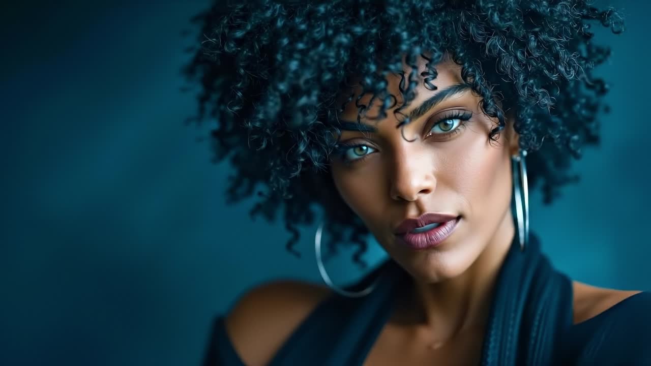A woman with curly hair wearing a black dress and hoop earrings