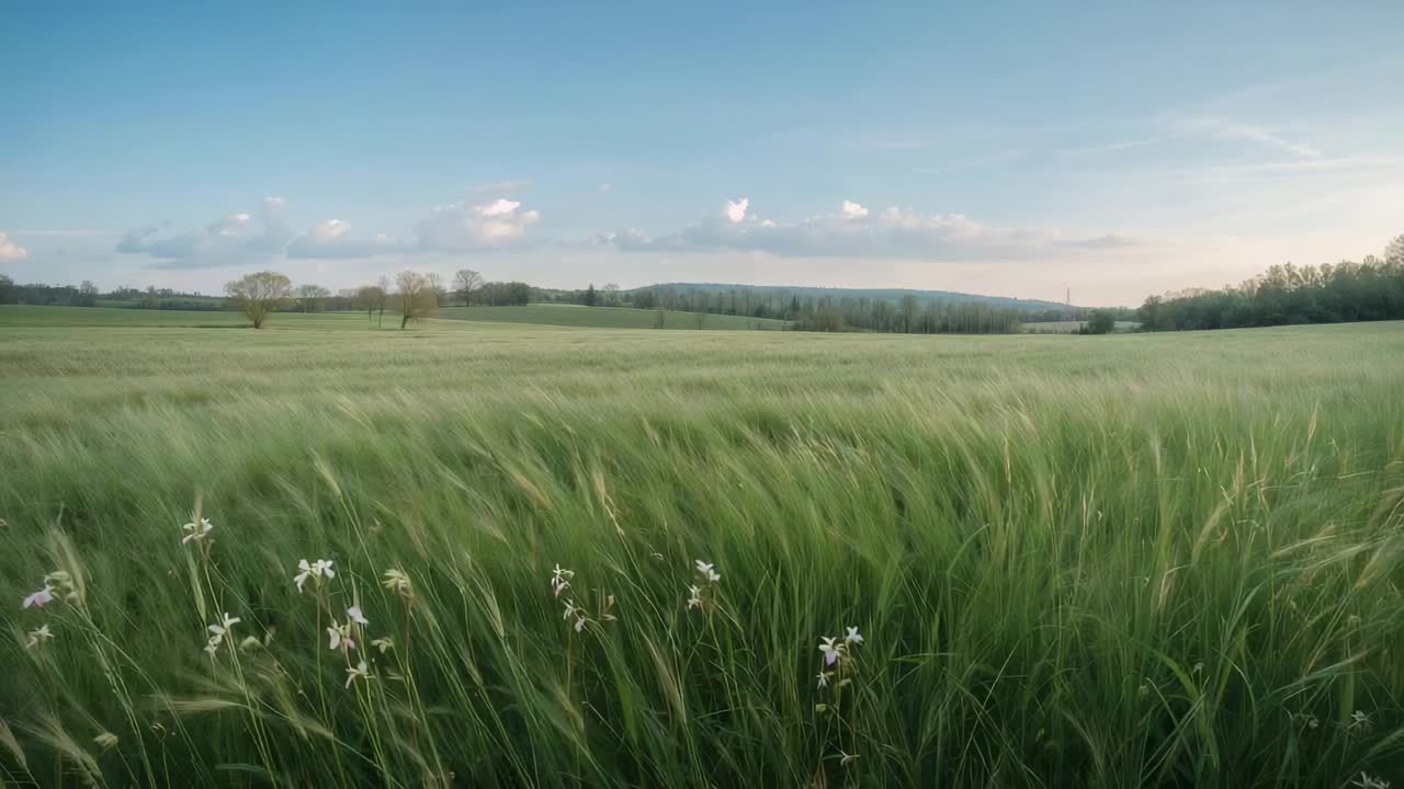 Schwingende hohe grüne Gräser biegen sich und verschwimmen im Feld, während Seitenwind aufkommt, mit weißen Blumen.