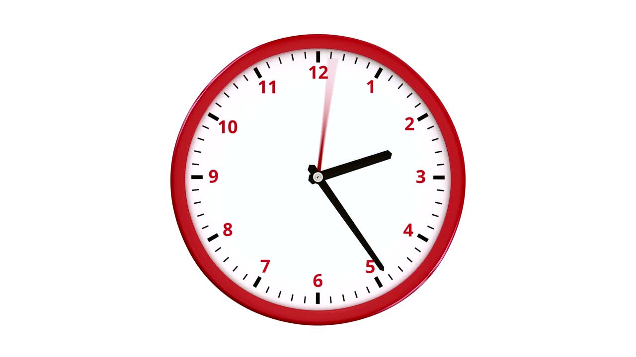 las agujas del reloj girando rápidamente en el reloj rojo redondo.