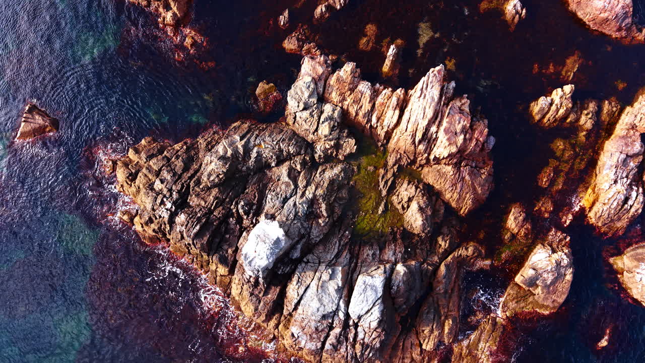 Rocce nude e pericolose sporgono dal paesaggio acquatico. Alghe scure coprono il fondale marino. Vista dall'alto.