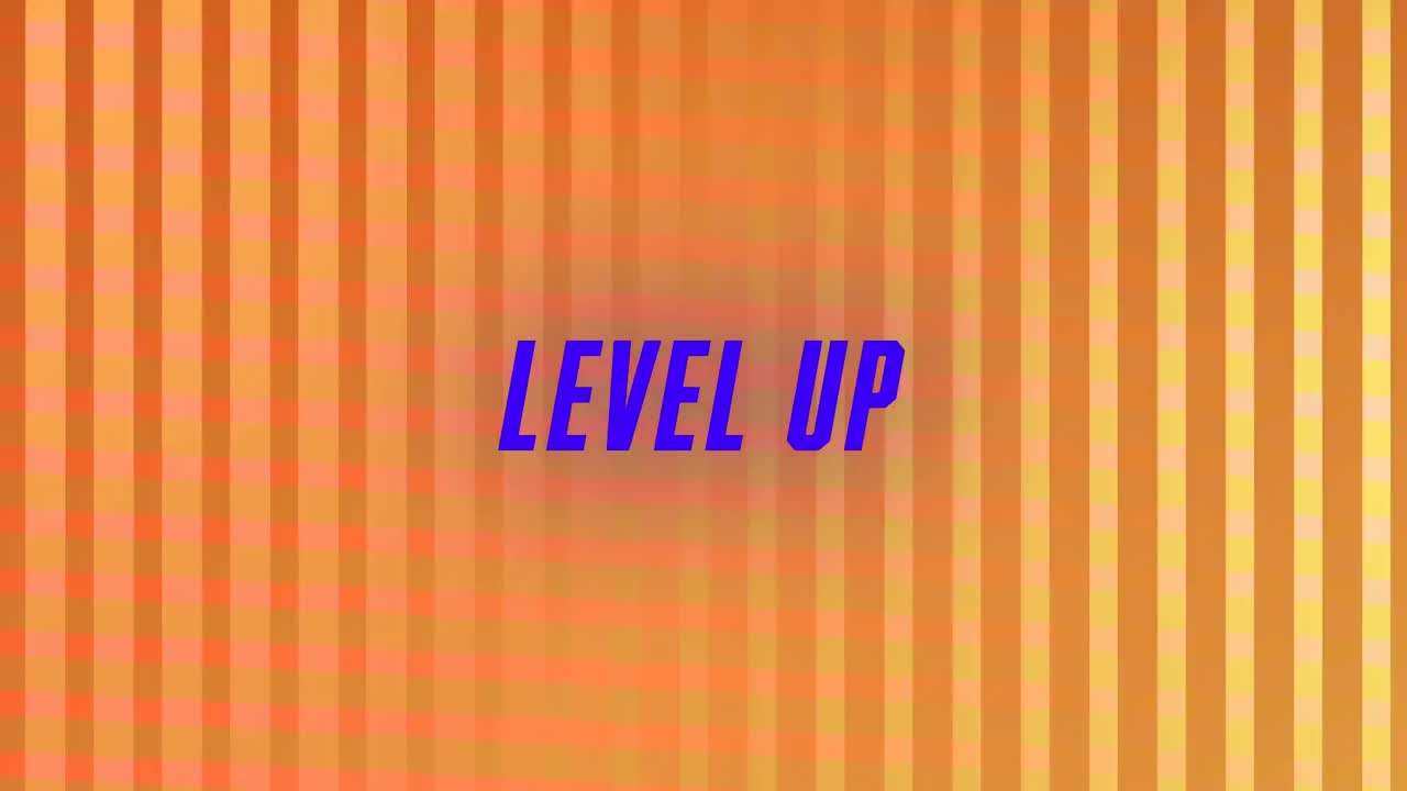 animación digital de texto de nivel superior contra rayas amarillas en un fondo naranja