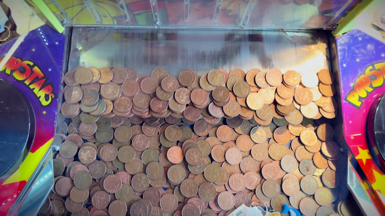 Coins in a funfair slot gaming machine, Scotland, United Kingdom.