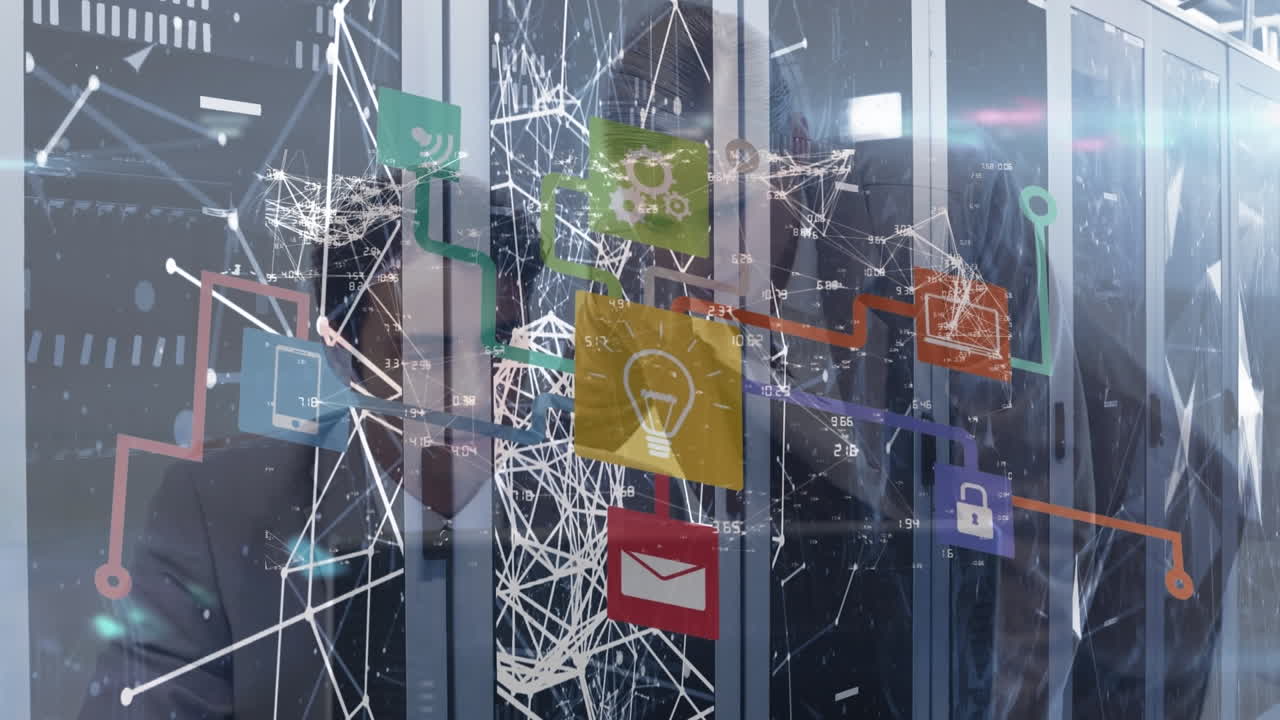 컴퓨터 서버를 통해 연결 네트워크와 소셜 미디어 아이콘으로 지구상의 애니메이션