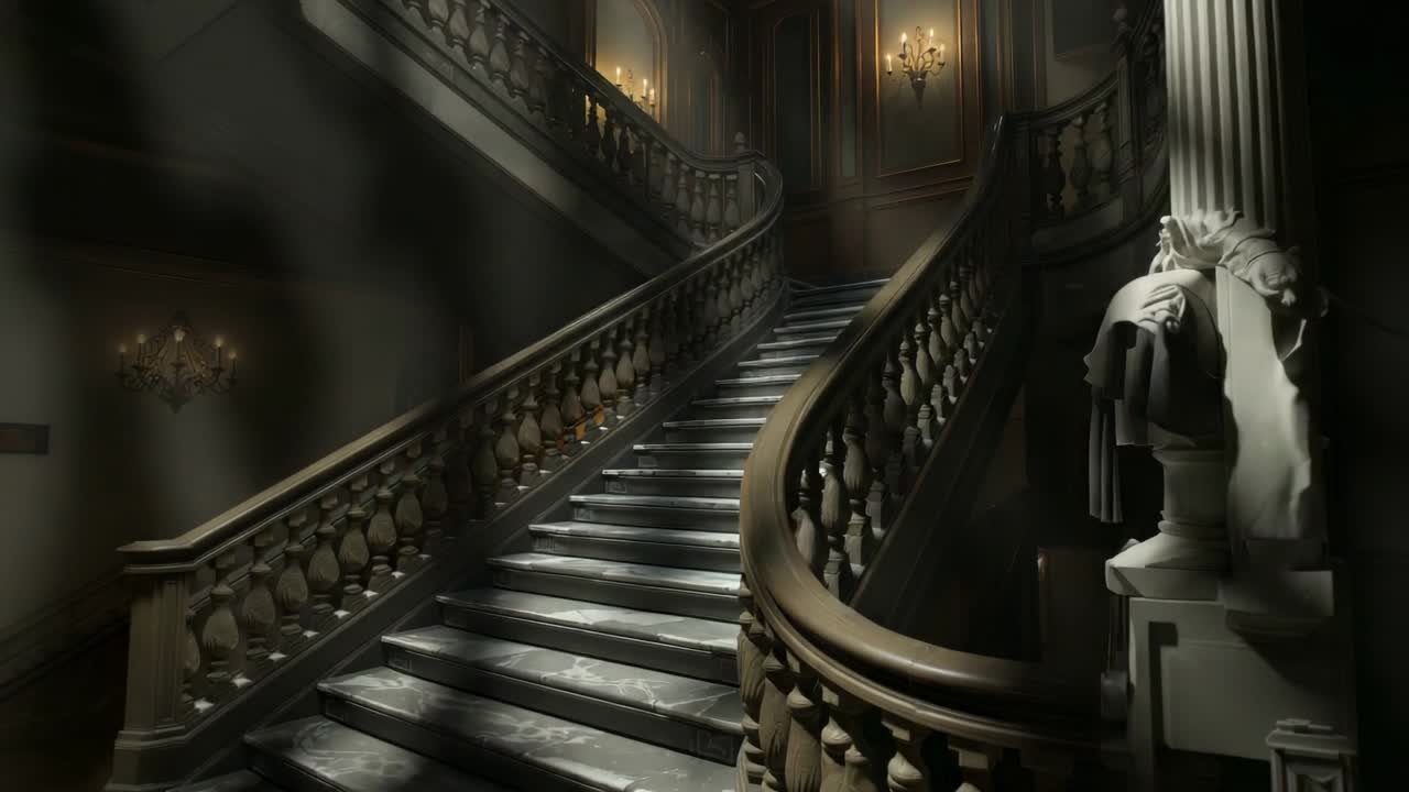 Piercing shaft of daylight illuminating marble staircase in grand foyer, revealing balustrade, bust