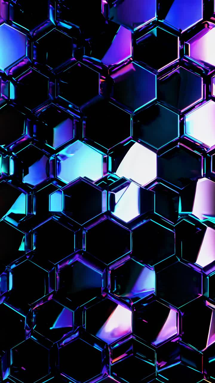 Abstract video concept with a close-up angle of hexagonal patterns in vibrant blue and purple hues