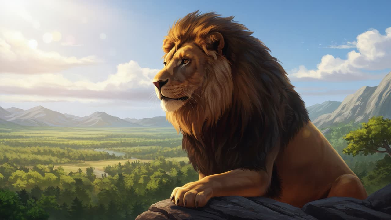 Majestic Lion Gazing Over a Vast Landscape at Sunrise, Symbolizing Strength, Freedom, and the Beauty of the Wild in Its Natural Habitat