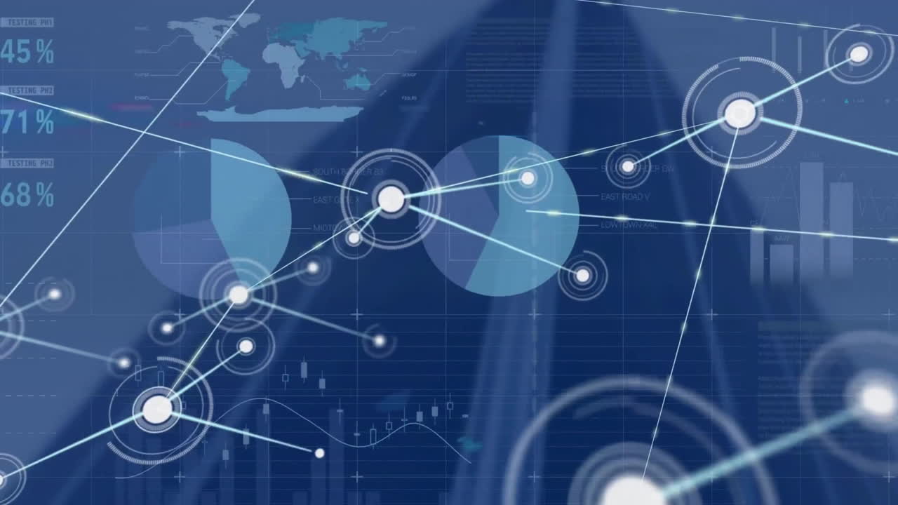 Animation of network of connections over charts processing data on dark background