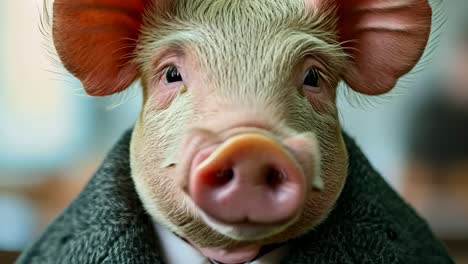 a pig wearing a suit and tie in a room