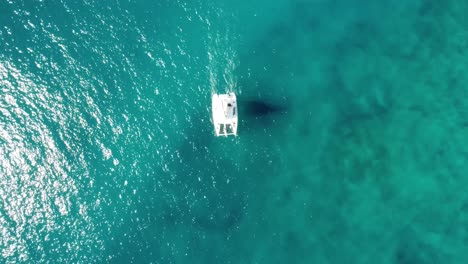 Una-Vista-De-Pájaro-De-Un-Velero-Catamarán-Blanco-Solitario-Navegando-En-Las-Tranquilas-Aguas-Turquesas-Del-Océano-Frente-A-La-Costa-De-España