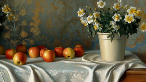 still life with flowers in a vase and apples on a table