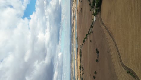 video vertical del paisaje rural de mourão, playa fluvial a lo largo de campos de cultivo, alentejo