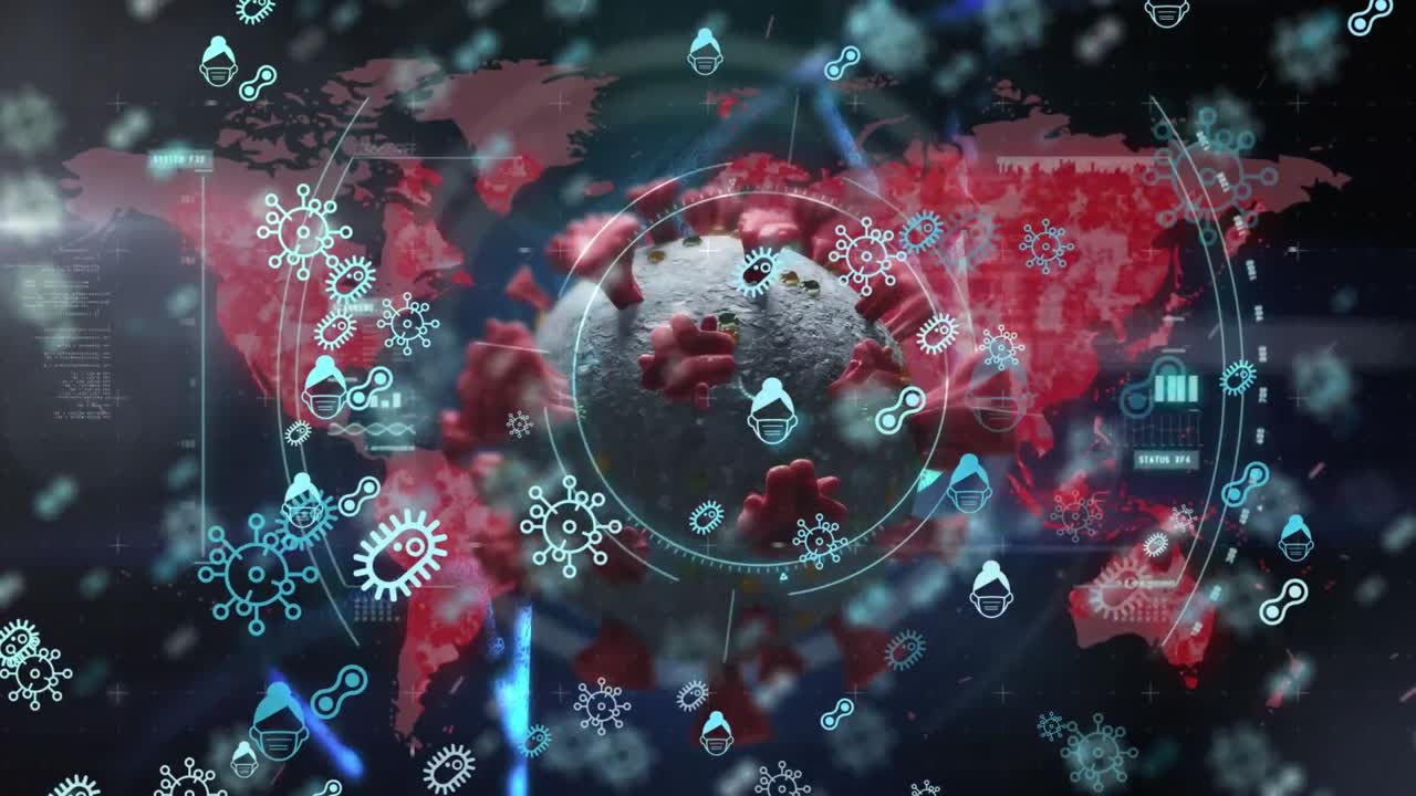 Animation of virus cells, icons and digital screen