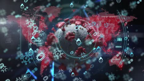 animación de células de virus, iconos y pantalla digital