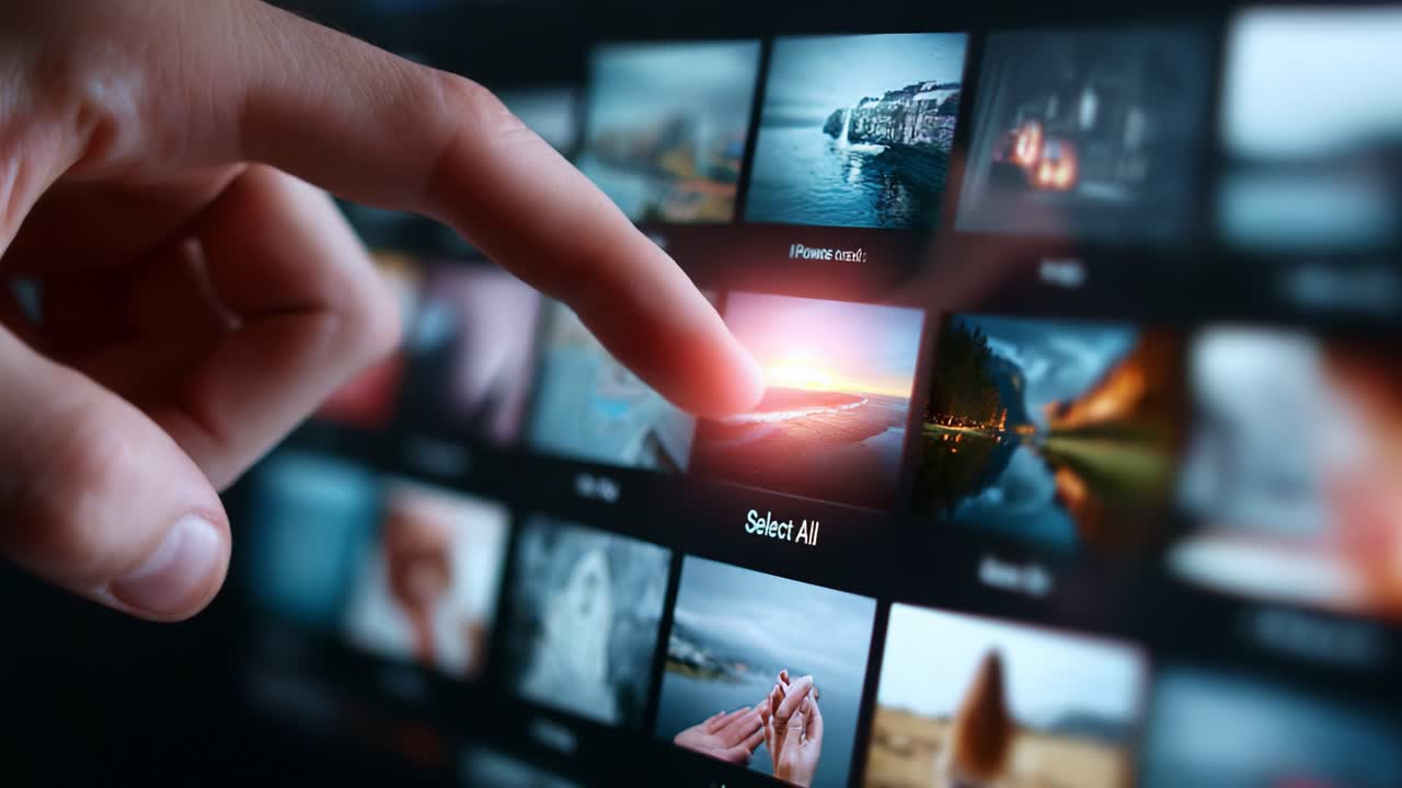 A Close-Up of a Finger Selecting Images on a Digital Screen, Showcasing a Variety of Photos with Scenic Landscapes, Artistic Shots, and Vibrant Colors in a User-Friendly Interface