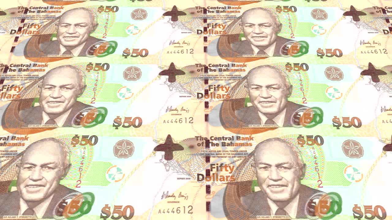 50 바하마 달러의 지폐가 화면에 굴러, 현금, 루프