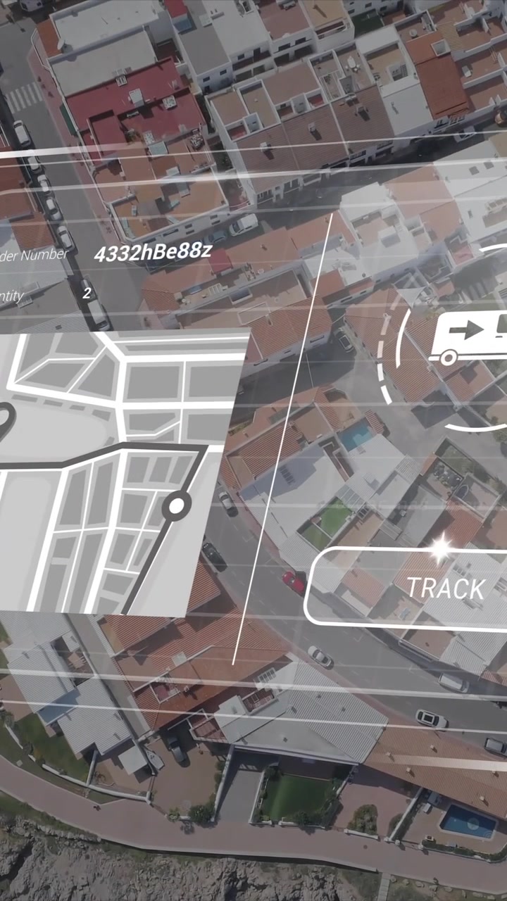 Animation of screen with data processing over cityscape
