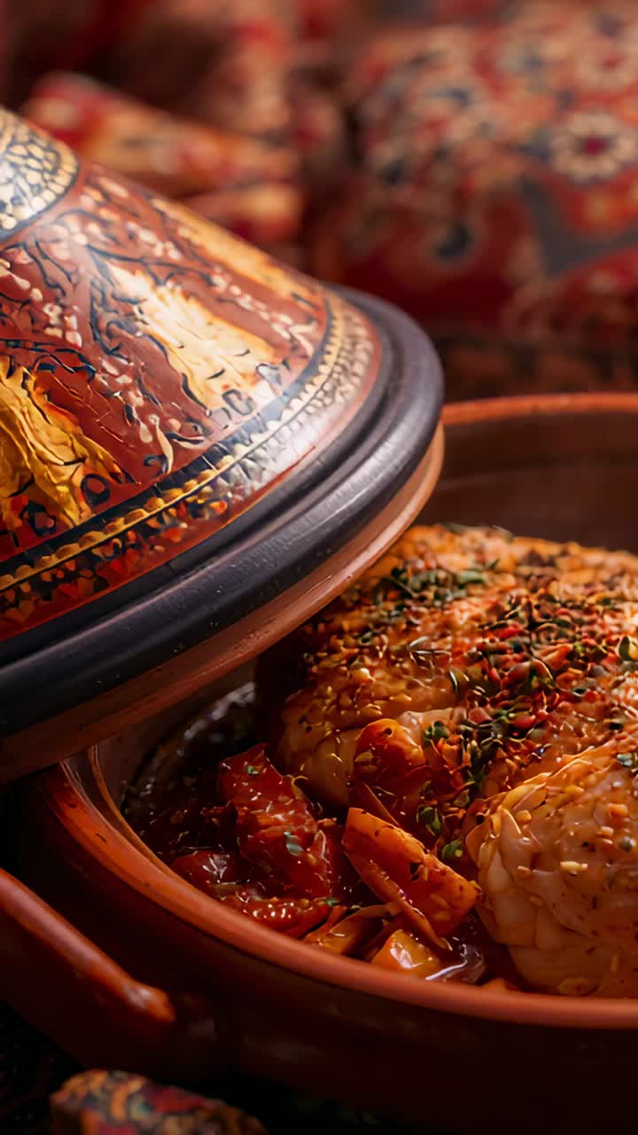 Vertical video: Sliding ornate tagine lid revealing two rice mounds in tomato stew for serving