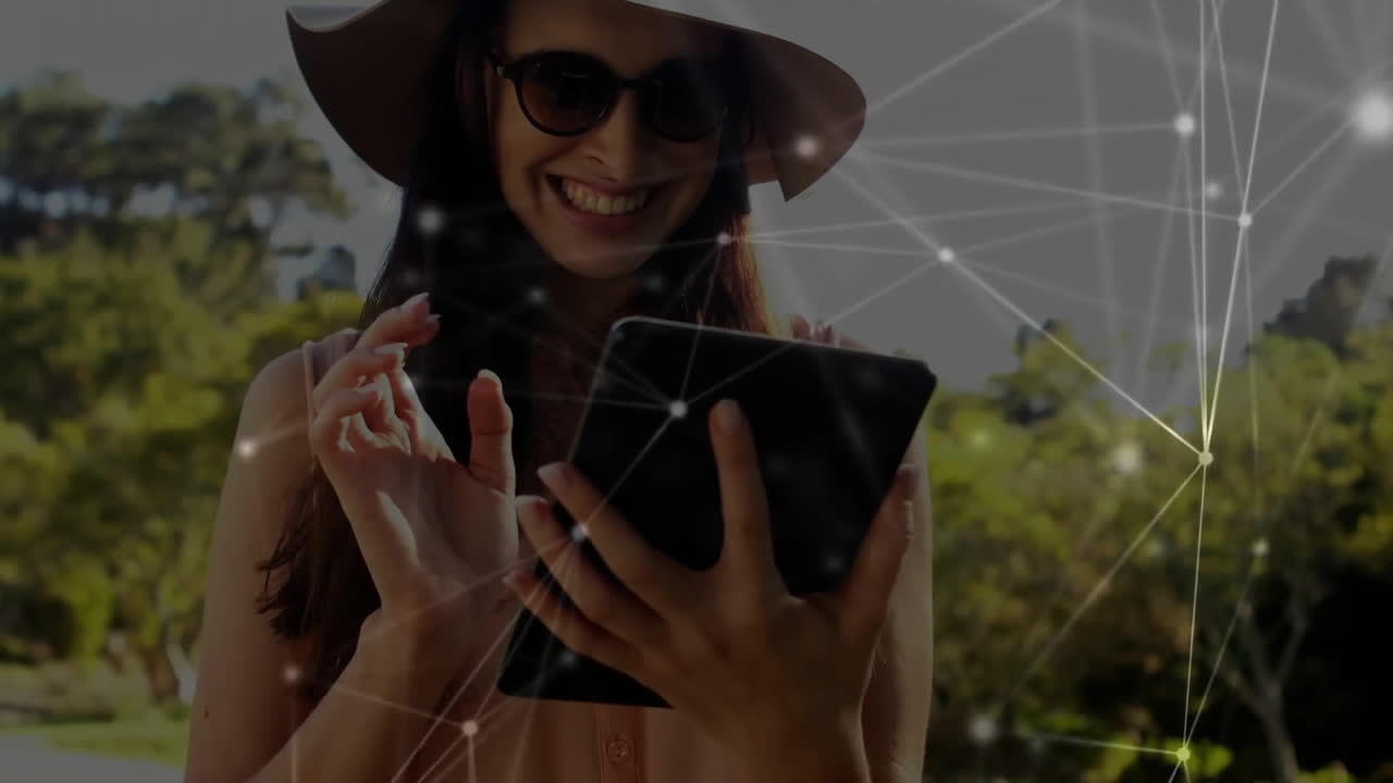 animación de la red de conexiones sobre mujer caucásica usando tableta