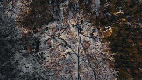 view from above of mountainside glamping domes in winter
