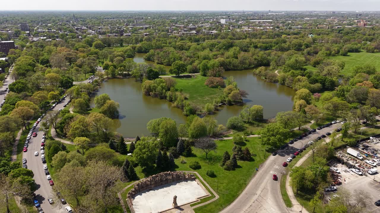 Drone Shot of Washington Park Natural Hiking Area and Lagoon, Chicago Illinois USA
