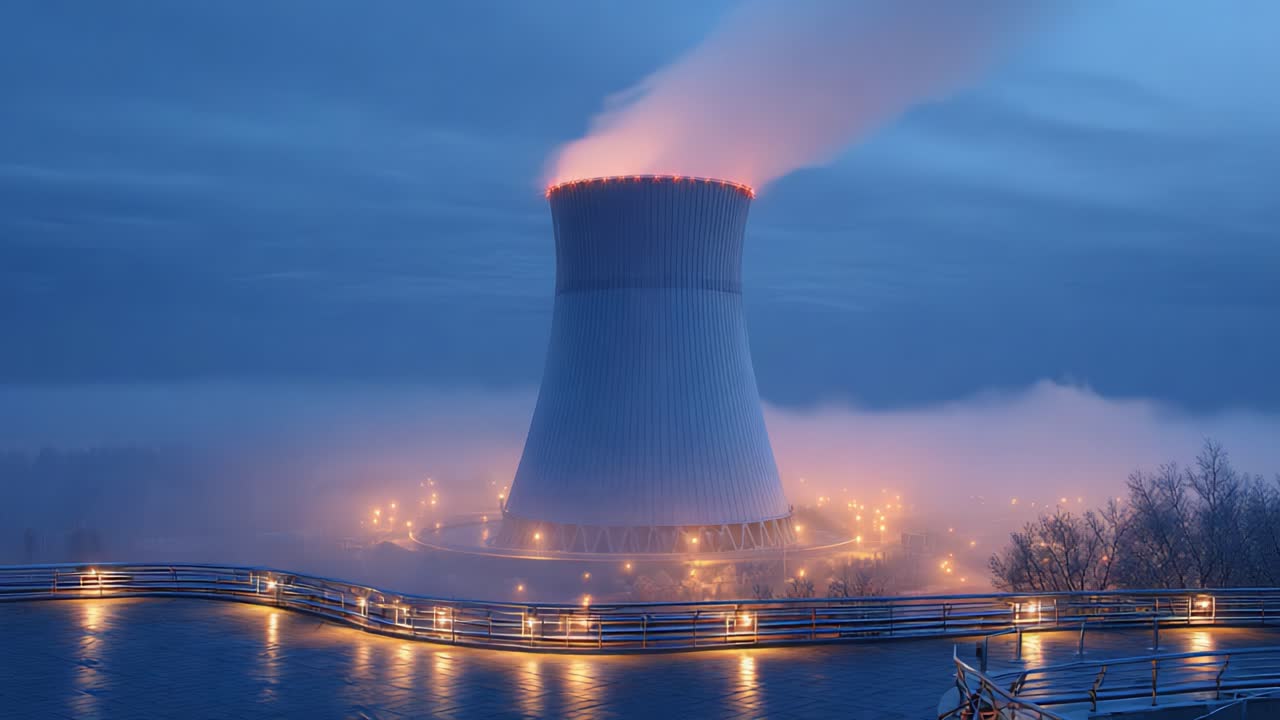 Illuminated Cooling Tower at Dusk: A Stunning View of Energy Production Surrounded by Ethereal Fog and Mystical Atmosphere Enhancing Its Imposing Presence