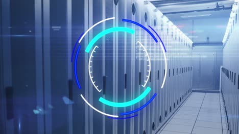 Animation-of-neon-round-scanner,-light-spots-and-data-processing-against-computer-server-room