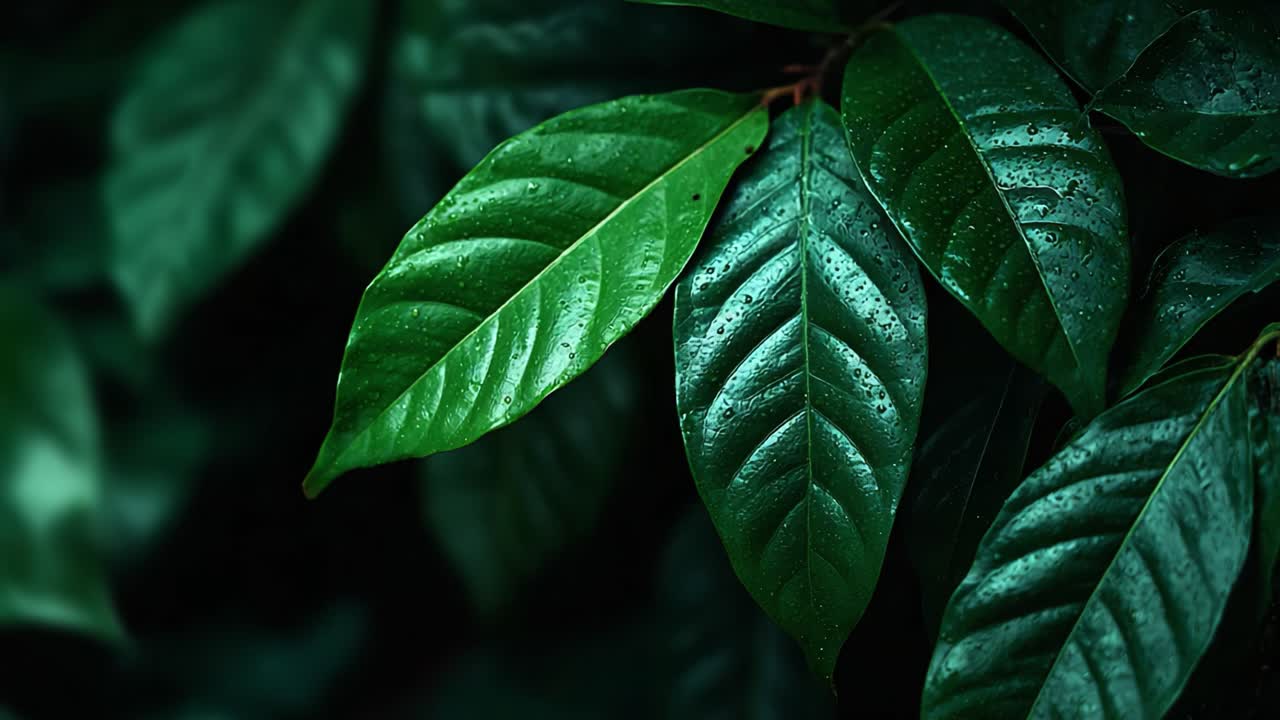 Close-Up of Lush Green Leaves with Raindrops Highlighting Their Texture and Vibrancy, Capturing Nature's Beauty in a Serene Environment