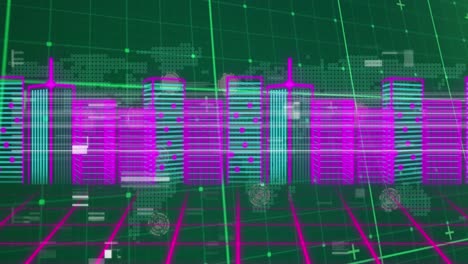 Animation-of-interference-and-digital-cityscape-over-green-background