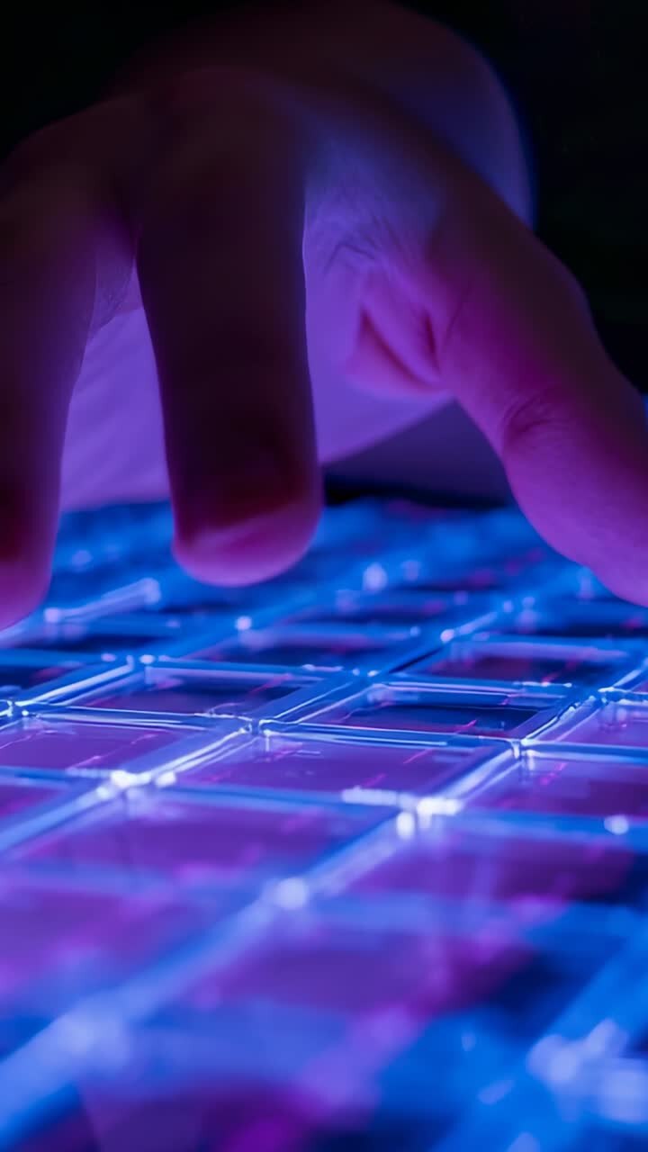 Vídeo vertical: Un dedo sobrevolando y una mano presionando una cuadrícula LED en un estudio, activando luces de neón
