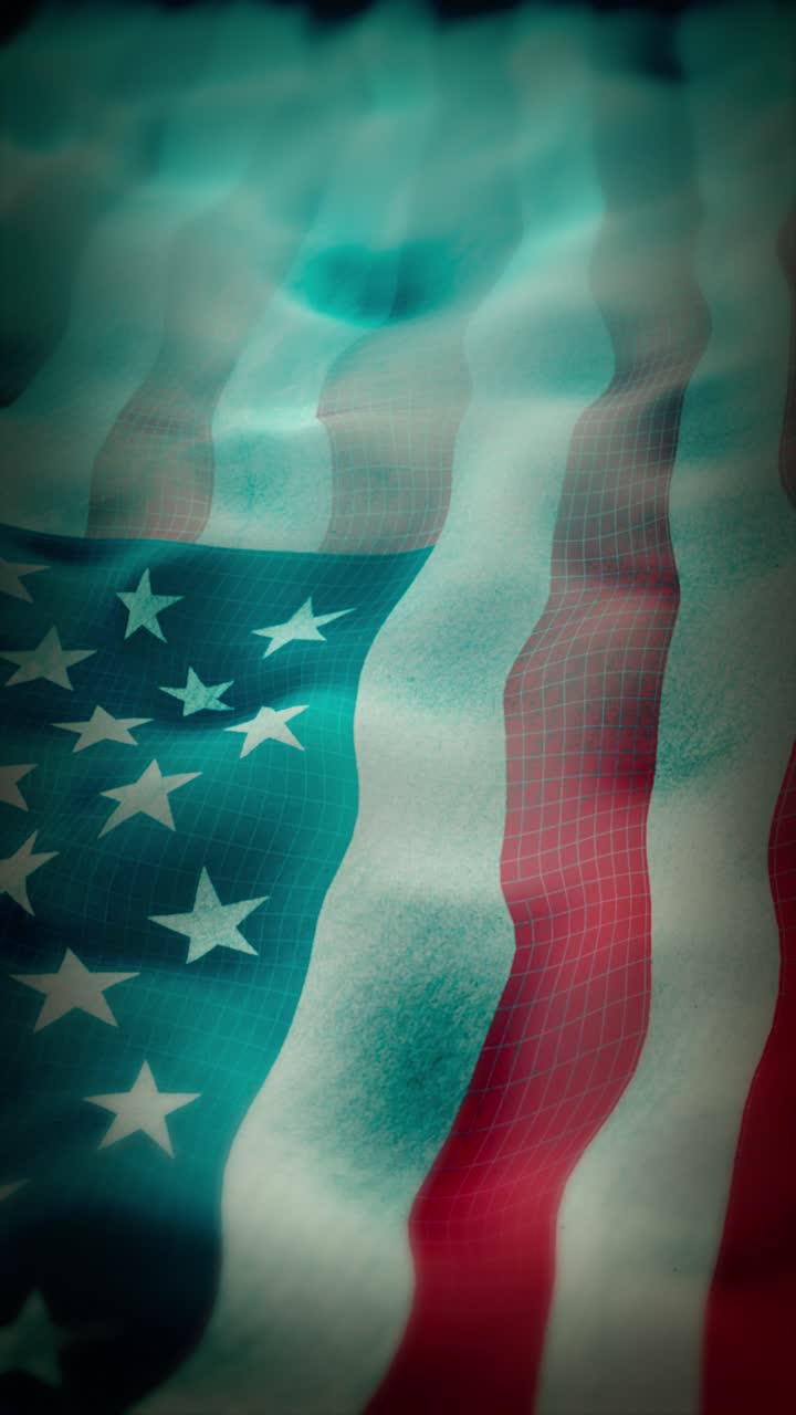 Orientação vertical 9:16 da bandeira dos Estados Unidos tremulando ao vento. Animação de loop contínuo de alta qualidade otimizada para telas de celular e planos de fundo patrióticos para feriados em redes sociais