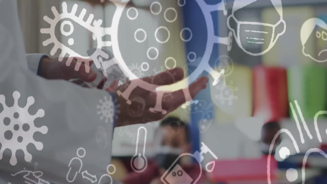 animación de iconos de covid 19 sobre el médico desinfectando las manos en el aula