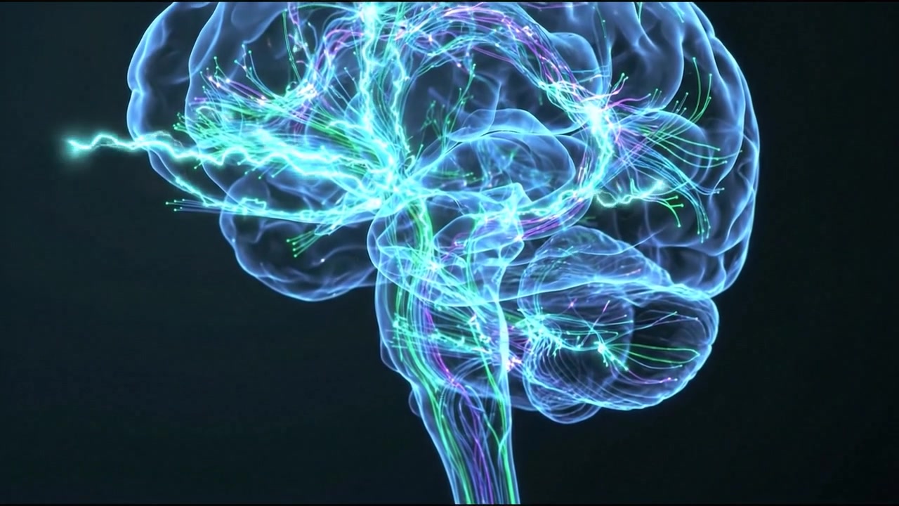 Glowing blue 3D human brain model render on dark background