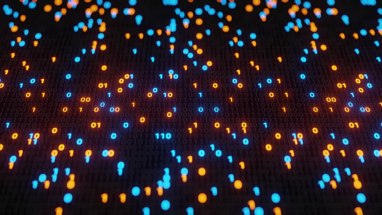 Abstract seamless blue and orange digital binary code matrix background VJ loop with flare.