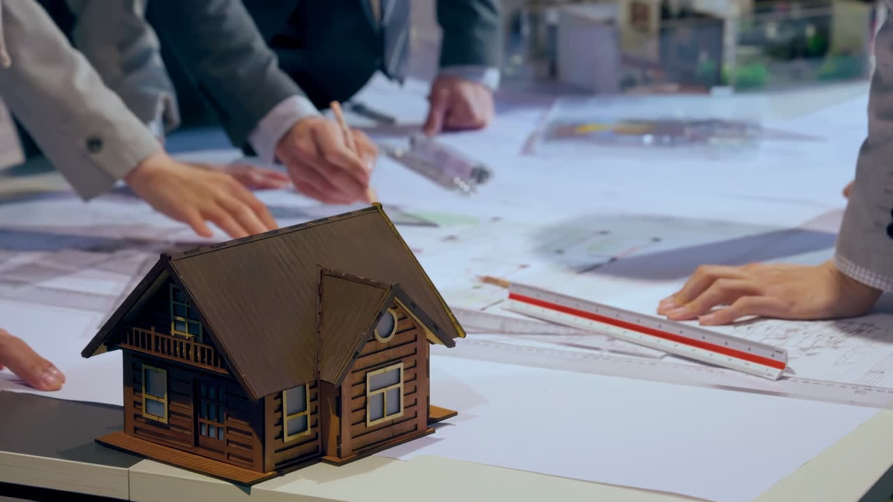 Architect team brainstorming idea about house project. Suitable for presentations of construction companies, educational materials on architecture and interior design