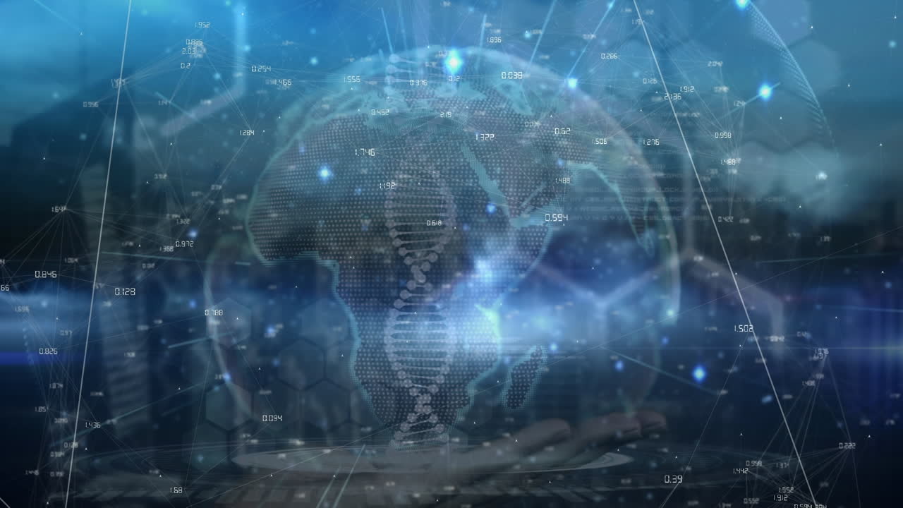 Animation of globe over cityscape and data processing