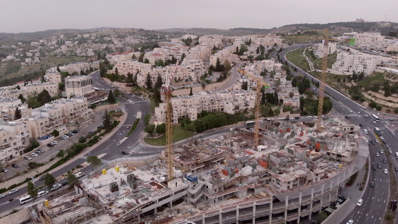Jerusalem construction site and cranes Aerial view